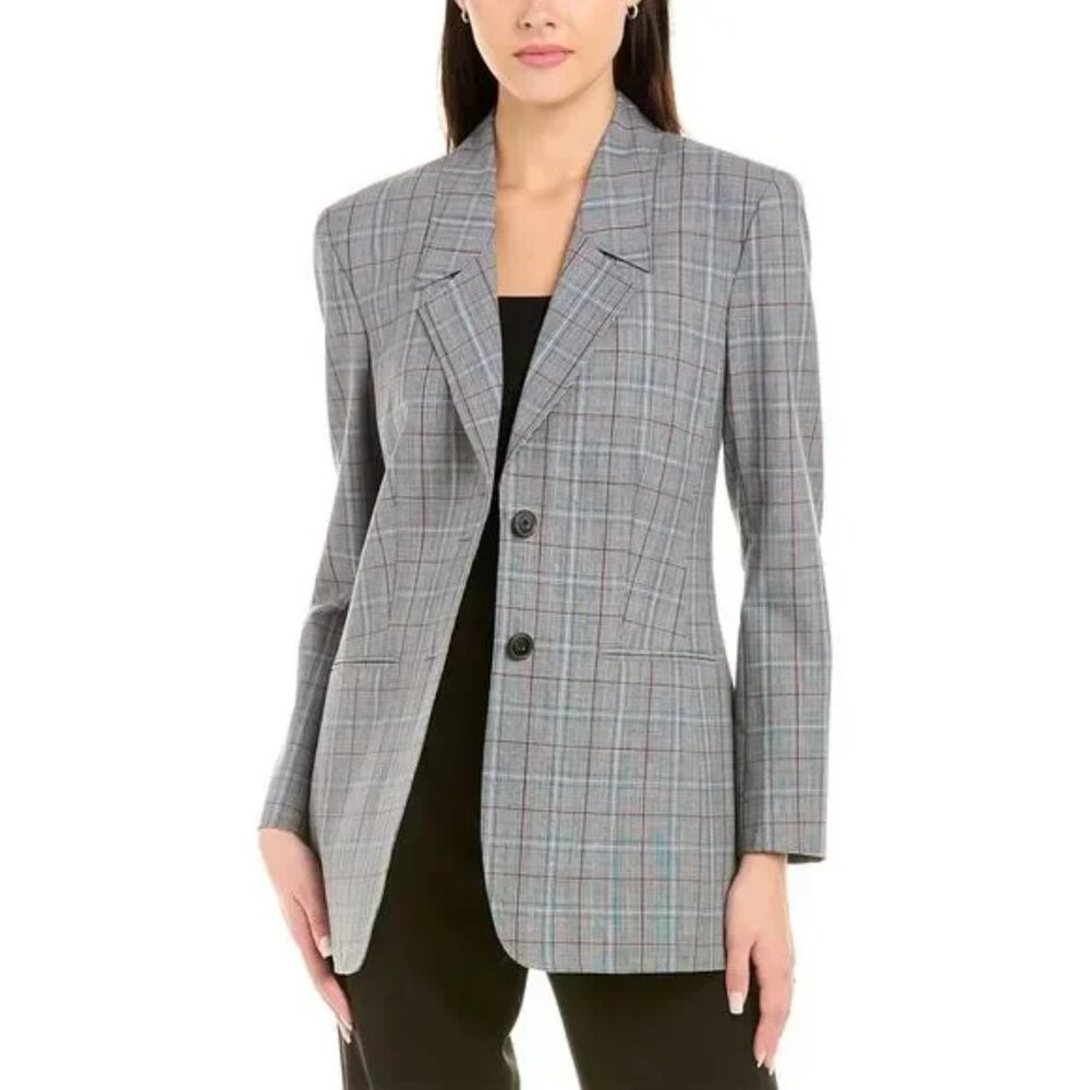 Tory Burch Plaid Check Woven Wool Blend Tailored Fit Preppy Chic Blazer Gray 6‎